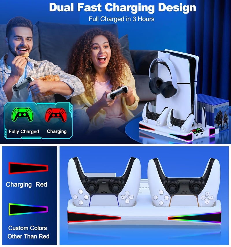 Kawaye حامل PS5 محطة تبريد PS5 لجهاز بلاي ستيشن 5/برو/سليم، ملحقات PS5 حامل عمودي مع مروحة تبريد كبيرة 2.36 بوصة، ضوء RGB، شاحن مزدوج لوحدات التحكم، حامل سماعة رأس، 3 منافذ شحن - Image 4